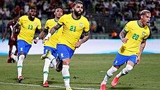 Brazil�tí fotbalisté se radují po brance Gabriela (�íslo 21) na h�i�ti...