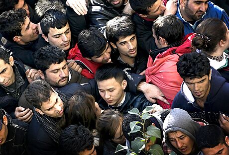 Skupina migrant eká ve front ped registraním centrem v Berlín.