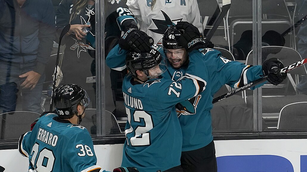 Tomá� Hertl ze San Jose slaví gól, gratulují mu Mario Ferraro a William Eklund.