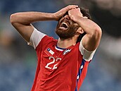 Fotbalový útočník Ben Brereton Díaz po svém prvním gólu za reprezentaci Chile....