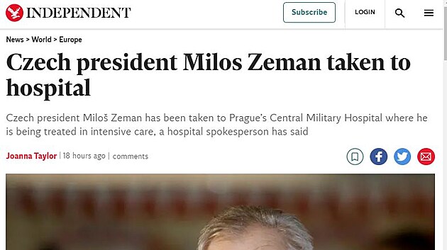 O hospitalizaci eskho prezidenta Miloe Zemana referovala i list The Independent.
