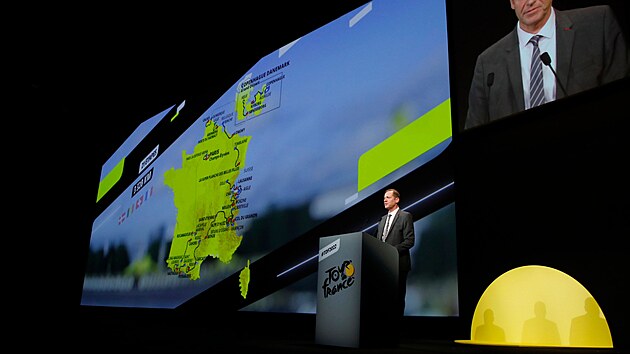 Christian Prudhomme, editel Tour de France, bhem prezentace trasy pro ronk 2022.