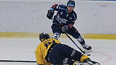 Zlínský Peter Trška se ocitá na ledě v utkání s Plzní.