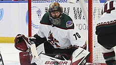 Karel Vejmelka při svém debutu v NHL.
