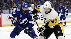 Dominik Simon (49) z Pittsburgh Penguins útočí v zápase s Tampa Bay Lightning,...