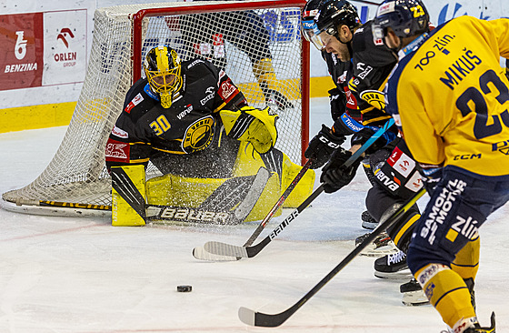 Utkání 16. kola hokejové extraligy: HC Verva Litvínov - PSG Berani Zlín. Zleva...