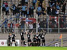 Fotbalisté Randers slaví gól se svými píznivci na stadionu Jablonce.