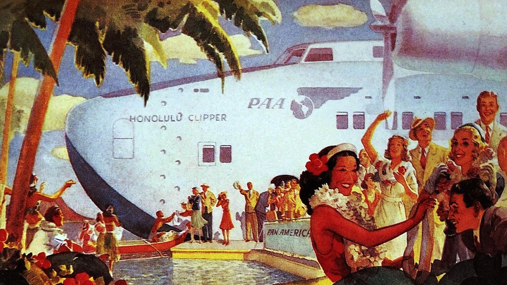 Reklama letecké společnosti Pan American Airways s vyobrazením létajícího člunu...
