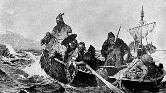 Vikingský mořeplavec Leif Ericson přistává jako první Evropan na americkém kontinentu. Grafika z roku 1894.