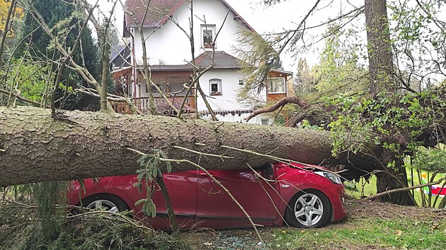 Na Karlovarsku spadl kvůli silnému větru strom na zaparkované auto i na chatu. (21. října 2021)