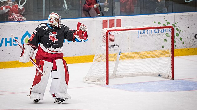 Utkn 17. kola hokejov extraligy: HC Olomouc - HC Sparta Praha. Brank Olomouce Jan Luk se raduje ze znekodnnho samostatnho njezdu.