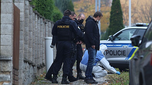 Policisté vyšetřují incident v rodinném domě v Pstruhové ulici v Plzni, kde mladý agresor napadl příbuzného a po zásahu policie zkolaboval a zemřel. (27. října 2021)