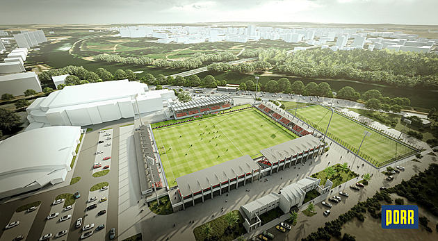 Vizualizace celkového pohledu na Letní stadion Pardubice.