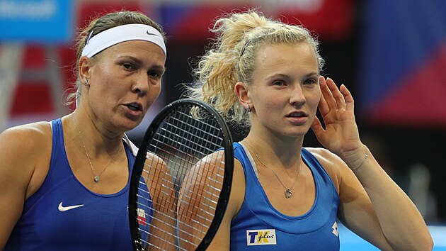 esk tenistky Lucie Hradeck (vlevo) a Kateina Siniakov pi utkn proti...