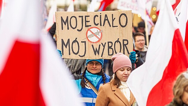Polští demonstranti v Gdaňsku vystoupili na protestu proti vakcinaci. (23. října 2021)