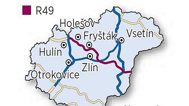 Trasa plánované silnice R49 přes Zlínský kraj
