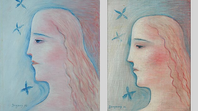 Vpravo originál Jan Zrzavý – Dívčí hlava z profilu (1932; Muzeum umění v Olomouci). Vlevo replika od neznámého autora (před rokem 1973; Galerie moderního umění v Hradci Králové)