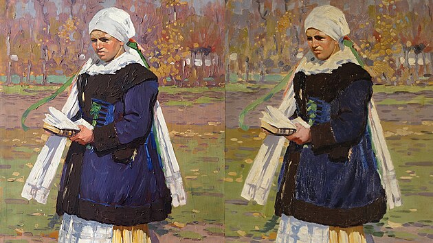 Vpravo Joža Uprka, Žena v kožichu; 1899? (Západočeská galerie v Plzni) a vlevo Myjavanka; 1909 (Městské muzeum Vodňany)
