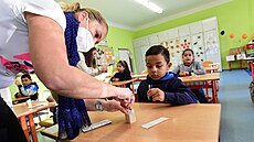 Asistentka pomáhá ákovi s testem na covid-19 na Základní kole Boeny Nmcové...