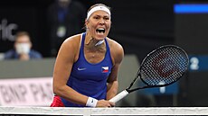Lucie Hradecká se raduje ve �ty�h�e na Poháru Billie Jean Kingové v Praze.