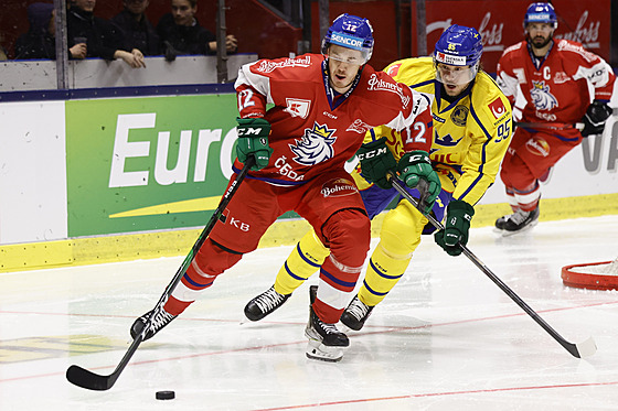 eský hokejista Pavel Pýcha (vlevo) v zápase se védskem