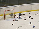 Spou, která na led zstala po eských hokejistkách oslavujících postup na...
