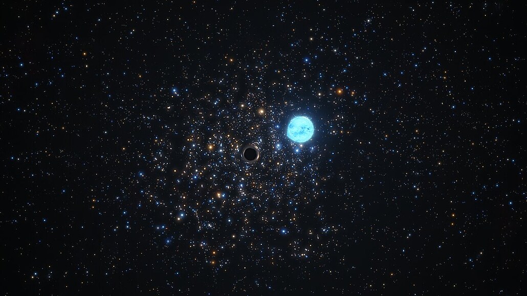 Vizualizace černé díry v kupě NGC 1850 deformující blízkou hvězdu.
