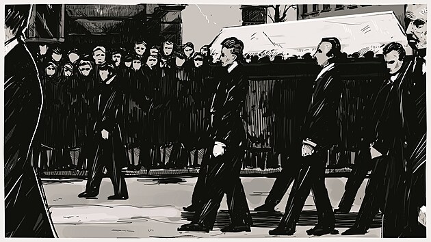 Říjen 1939. Demonstrace proti okupantům. Výřez z ilustrace. V textu pohřeb Jana Opletala. Ilustrace: Matěj Komínek, PdF UP.