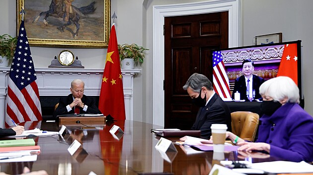 Prezident Spojených států Joe Biden na virtuální konferenci s čínským vůdcem Si Ťin-pchingem v Bílém domě. (15. listopadu 2021)