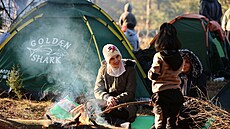 Migranti táboí v lese u polsko-bloruské hranice. (9. listopadu 2021)