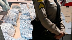 Protidrogová policie ukazuje zadrené balíky syntetického opioidu fentanylu,...