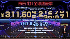 Liou Chuej z JD.com hovoí v centrále spolenosti ped tabulí, která v reálném...