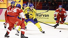 Švédský reprezentant Pontus Holmberg (ve žlutém) právě skóruje v zápase s...
