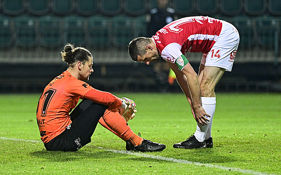 Branká Pardubic Marek Bohá a obránce Jan Jeábek (vpravo) po inkasovaném gólu.