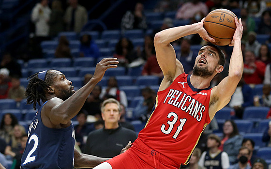 Tomá Satoranský (31) z New Orleans Pelicans stílí na ko Minnesota...