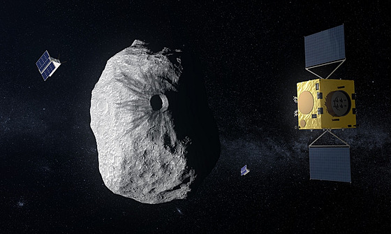 Sonda Hera a její dva doprovodné cubesaty zkoumající Dimorphos a kráter vzniklý...