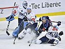 Utkání 26. kola hokejové extraligy: Bílí Tygi Liberec - HC koda Plze. Zleva...