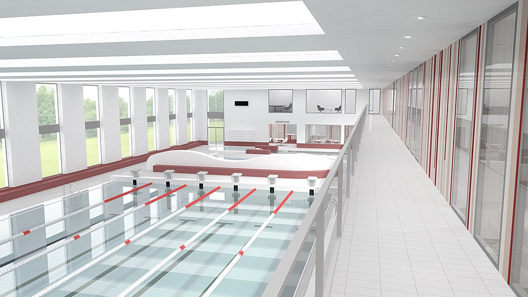 Vizualizace interiéru nové plavecké haly v Litvínově.