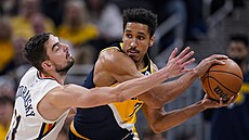 Tomá Satoranský z New Orleans v obran, proti nmu Malcolm Brogdon z Indiany.