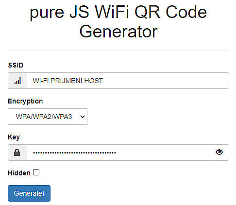 Generátor QR kódu s možností přihlásit se k wi-fi