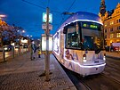 Speciln vyzdoben tramvaj brzd ulicemi Plzn. (1. 12. 2021)