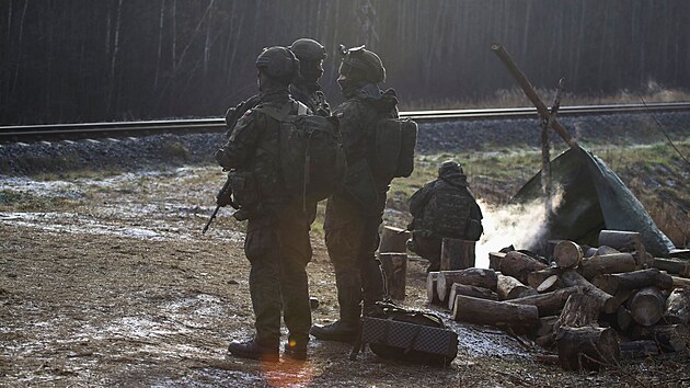 Polští vojáci poblíž hranic s Běloruskem (6. prosince 2021)