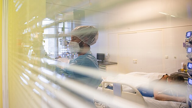 Zdravotník na Anesteziologicko-resuscitační klinice Fakultní Thomayerovy nemocnice v Praze, kde pečují o pacienty s koronavirem. (30. listopadu 2021)
