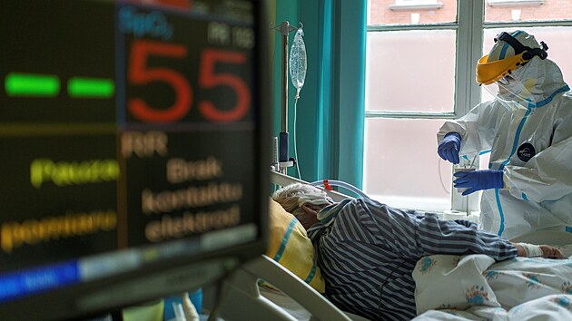 Zdravotník pečuje o pacienta s koronavirem v nemocnici v polských Gliwicích. (2. prosince 2021)