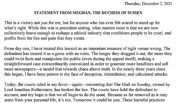 Reakce vévodkyně Meghan na vyhraný soud s bulvárem (2. prosince 2021)