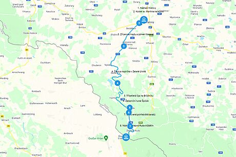 Mapa vletu vlakem za umavskmi hvozdy z Klatov do elezn Rudy