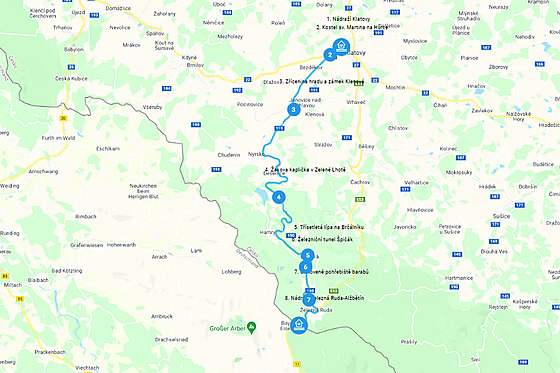 Mapa výletu vlakem za šumavskými hvozdy z Klatov do Železné Rudy