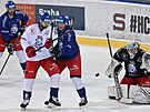 Zleva Michael Frolík a Jakub Krejík na tréninku eské hokejové reprezentace...