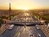 Vizualizace slavnostního zahájení olympijských her v Paříži 2024 na břehu Seiny.