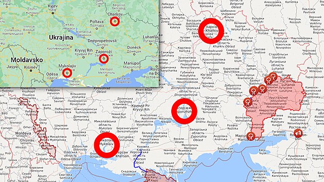 Mapa vchodn Ukrajiny svyznaenm oblast obsazench ruskmi separatisty a se zakreslenm mst Charkov, Zporo a Nikolajev, ve kterch sdl vojensk podniky, strategicky dleit pro ruskou armdu.
